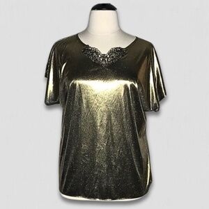 Lauren Lee Blouse Vintage Lace Neckline Metallic Gold XL